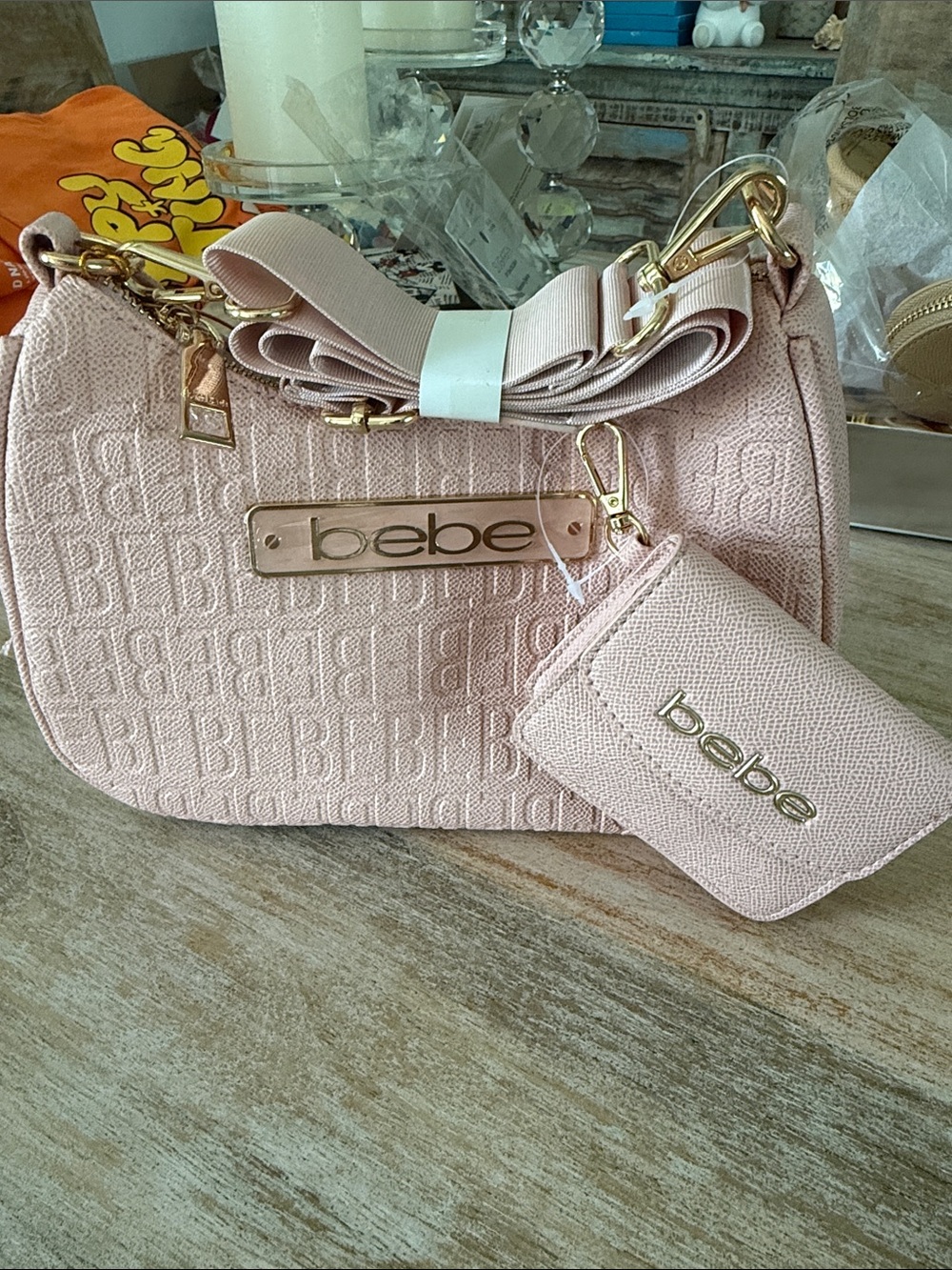 bebe Light Blush Embossed Logo Crossbody with Cardholder